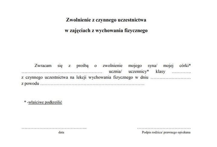 Dokumenty do zwolnienia z WF